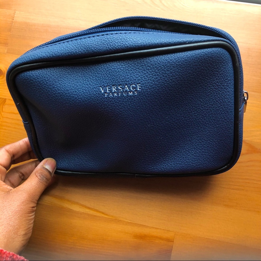 Versace Inflight Navy Leather Cosmetic Travel Bag